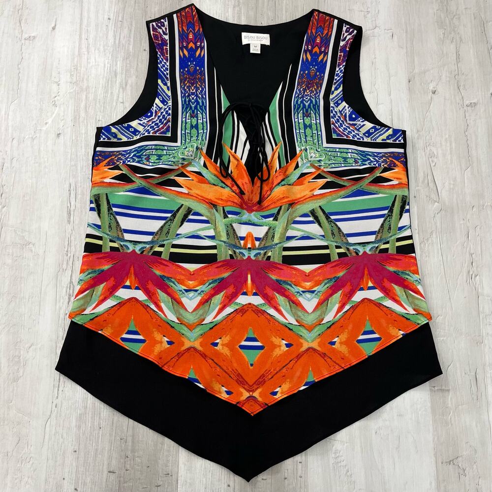 Bisou Bisou Sleeveless V-Neck Tropical Flowy Tiered Ruffle Blouse Medium